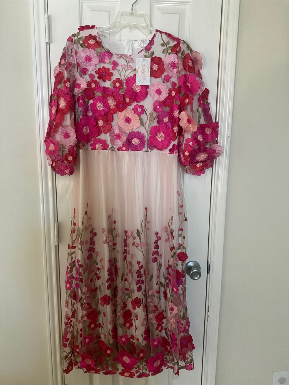 Embroidered Pink Floral Midi Dress with Sheer Tulle Overlay